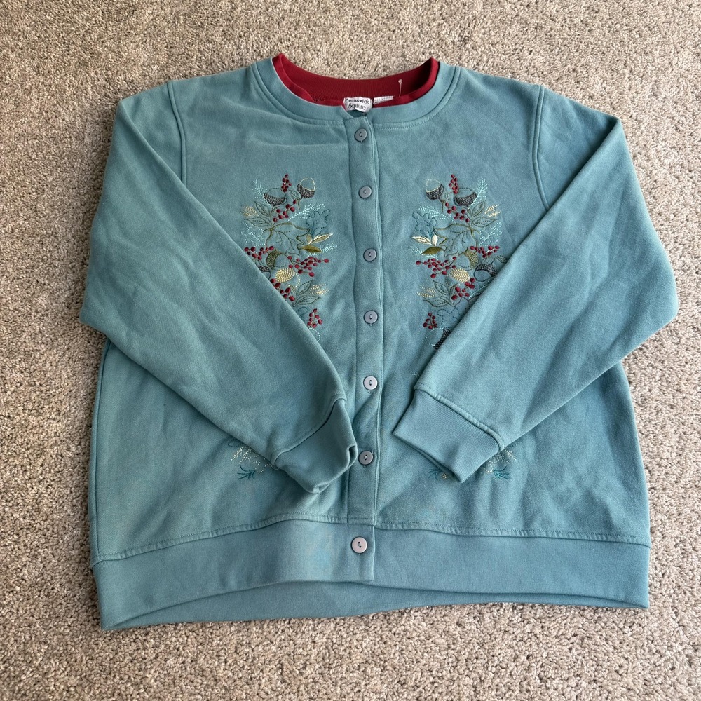 Vintage Brunswick Square Sweatshirt Womens Large Blue Button Cardigan Floral